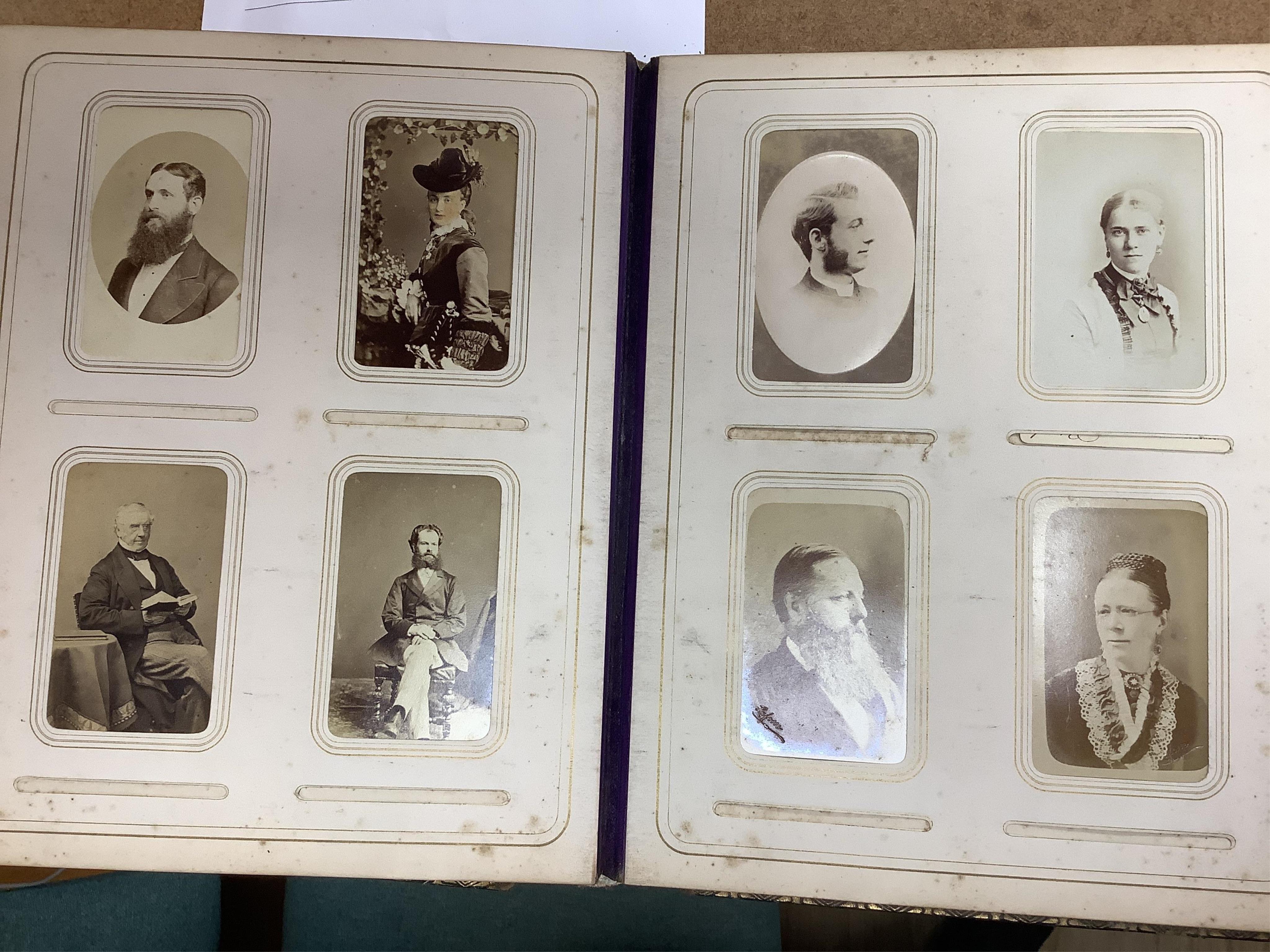 A Victorian malachite mounted amboyna family photograph album, 23cm x 30cm